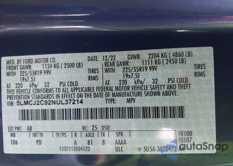 2022 Lincoln Corsair Reserve z USA, uszkodzony, nr VIN 5LMCJ2C92NUL37214